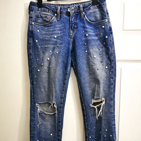 Mavi Pants - Mavi Women’s Tess Denim Skinny Distressed Jean With Faux Pearl Accent  SZ:27
